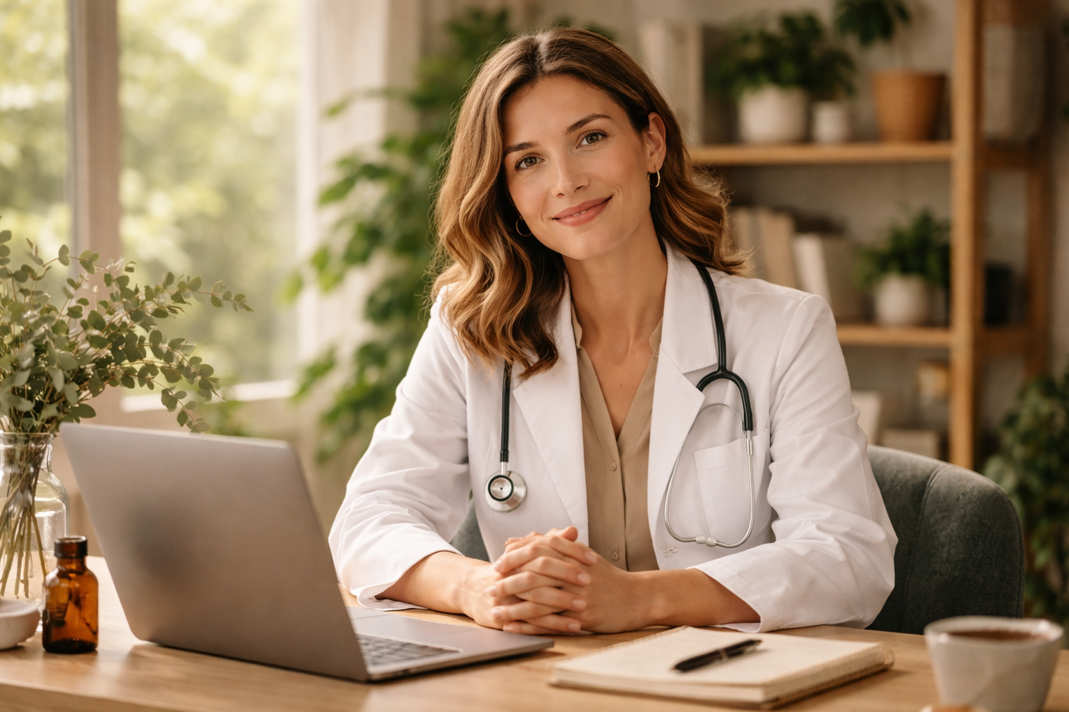 Doctor in a warm telehealth consultation setting